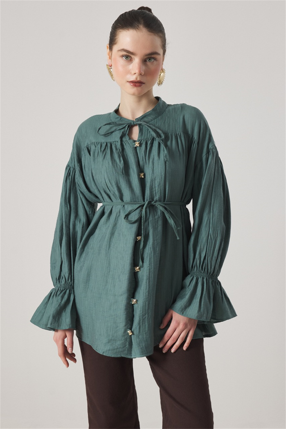 Robadan Büzgülü Bel Lastikli Gömlek - Petrol