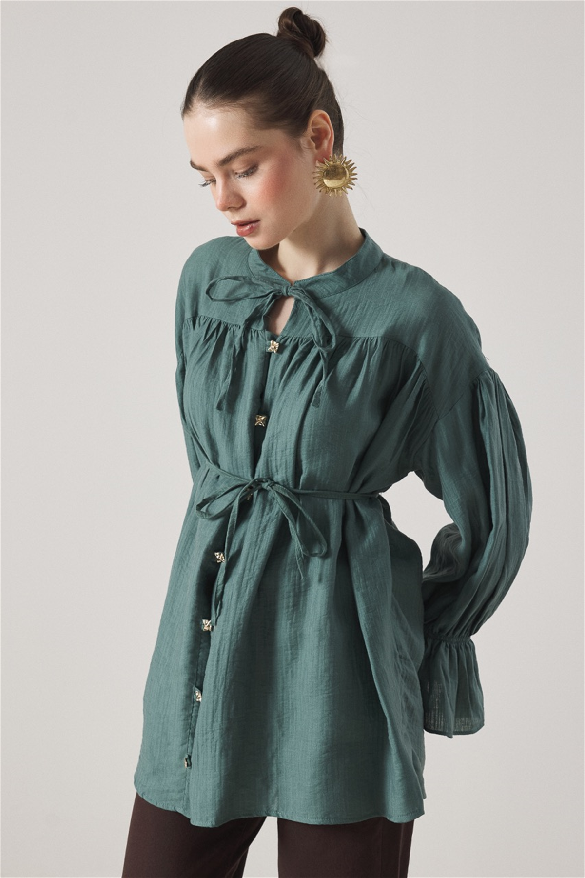 Robadan Büzgülü Bel Lastikli Gömlek - Petrol