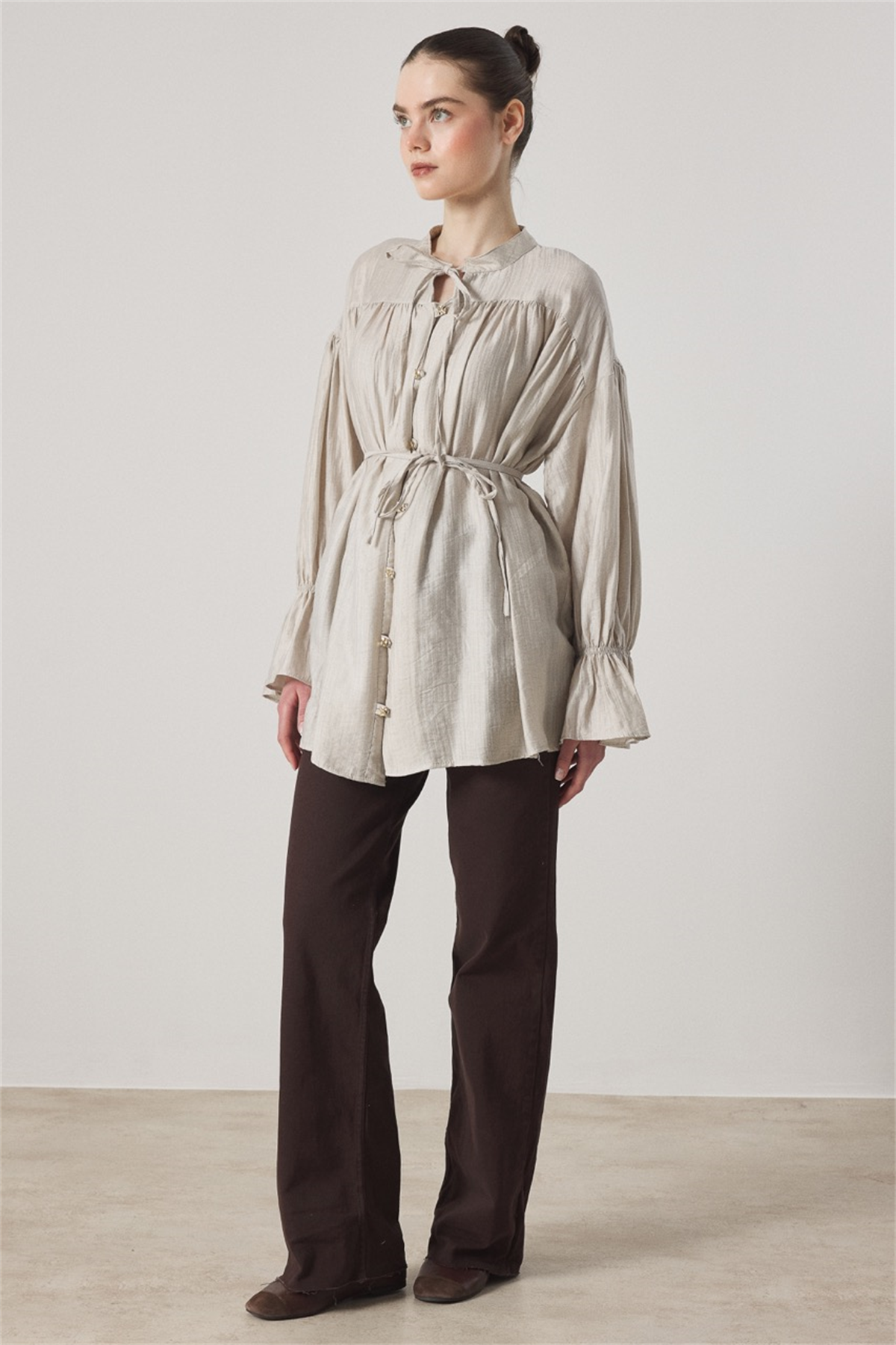 Robadan Büzgülü Bel Lastikli Gömlek - Taş