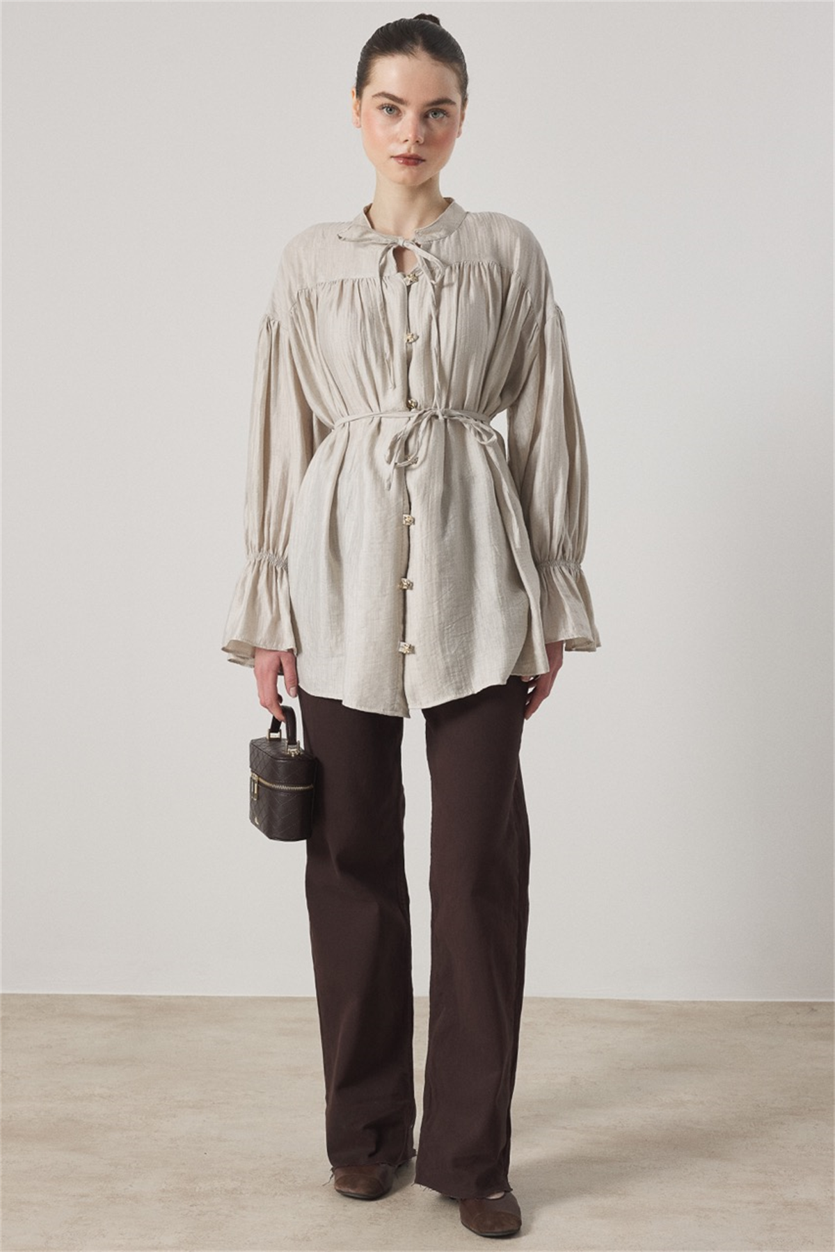 Robadan Büzgülü Bel Lastikli Gömlek - Taş