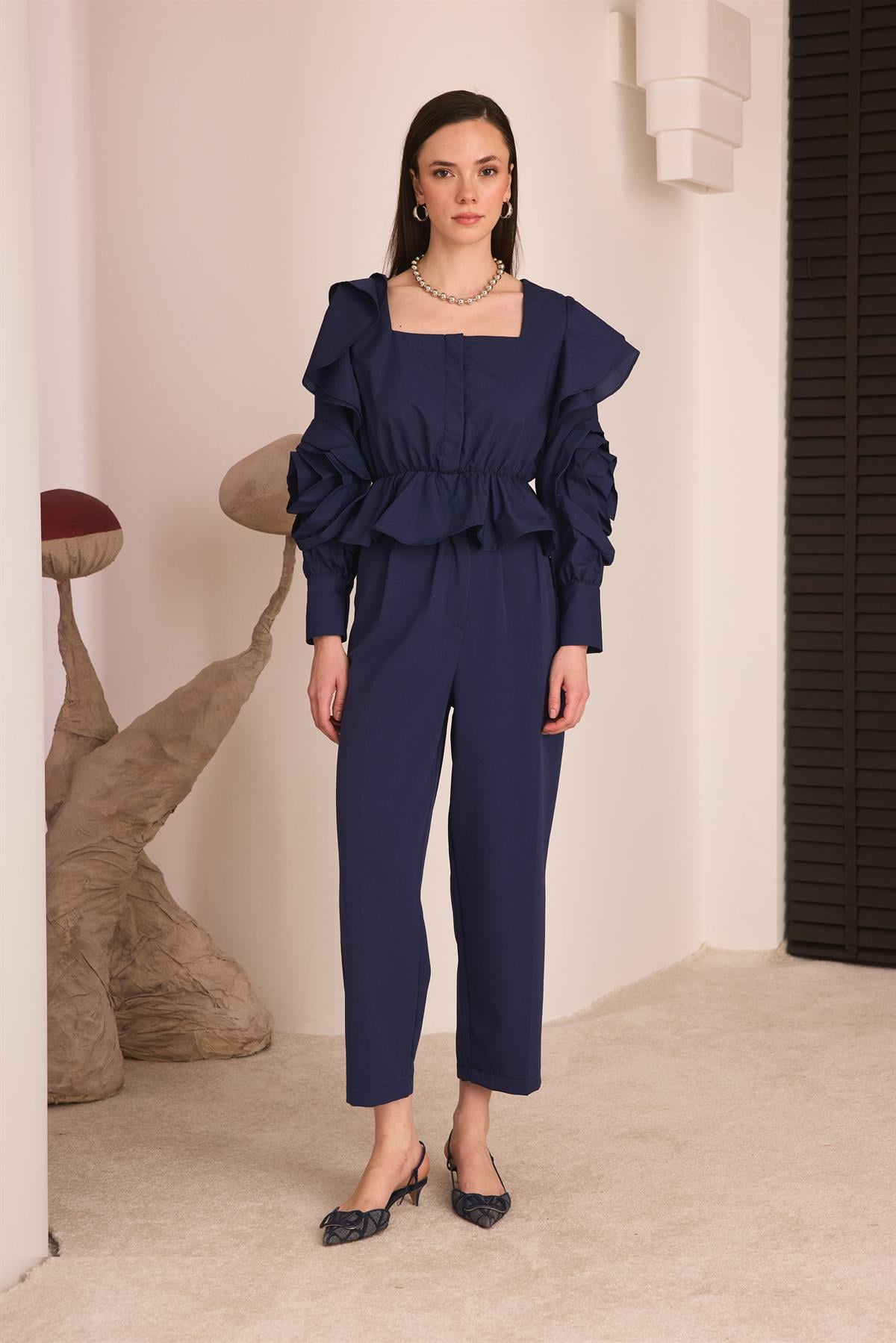 Rose Kol Detaylı Kısa Dacron Gömlek - Lacivert