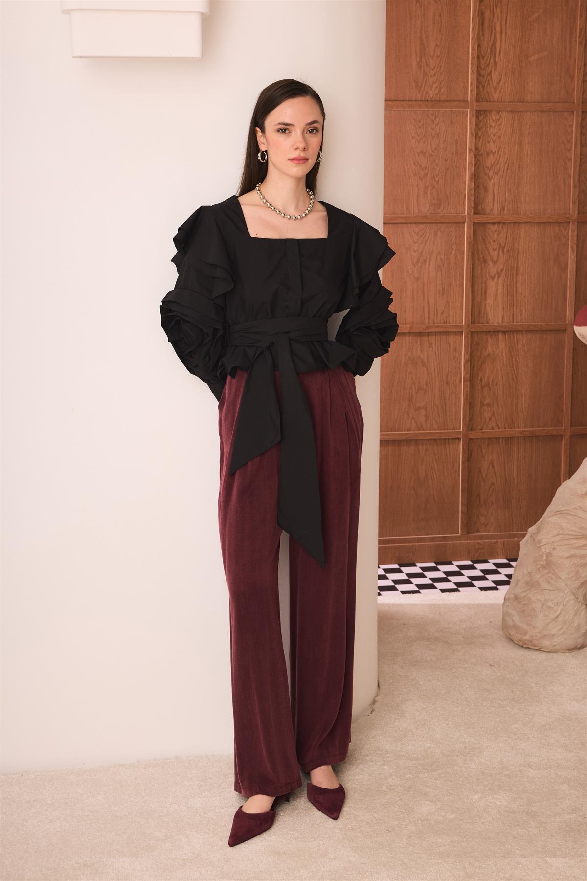 Rose Kol Detaylı Kısa Dacron Gömlek - Siyah