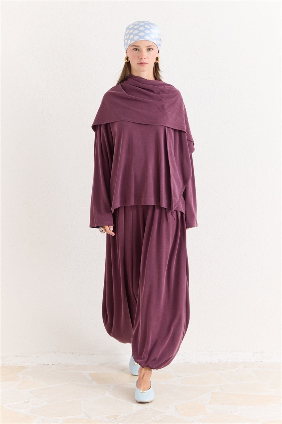 Şal Detaylı Pantolonlu Takım - Mürdüm