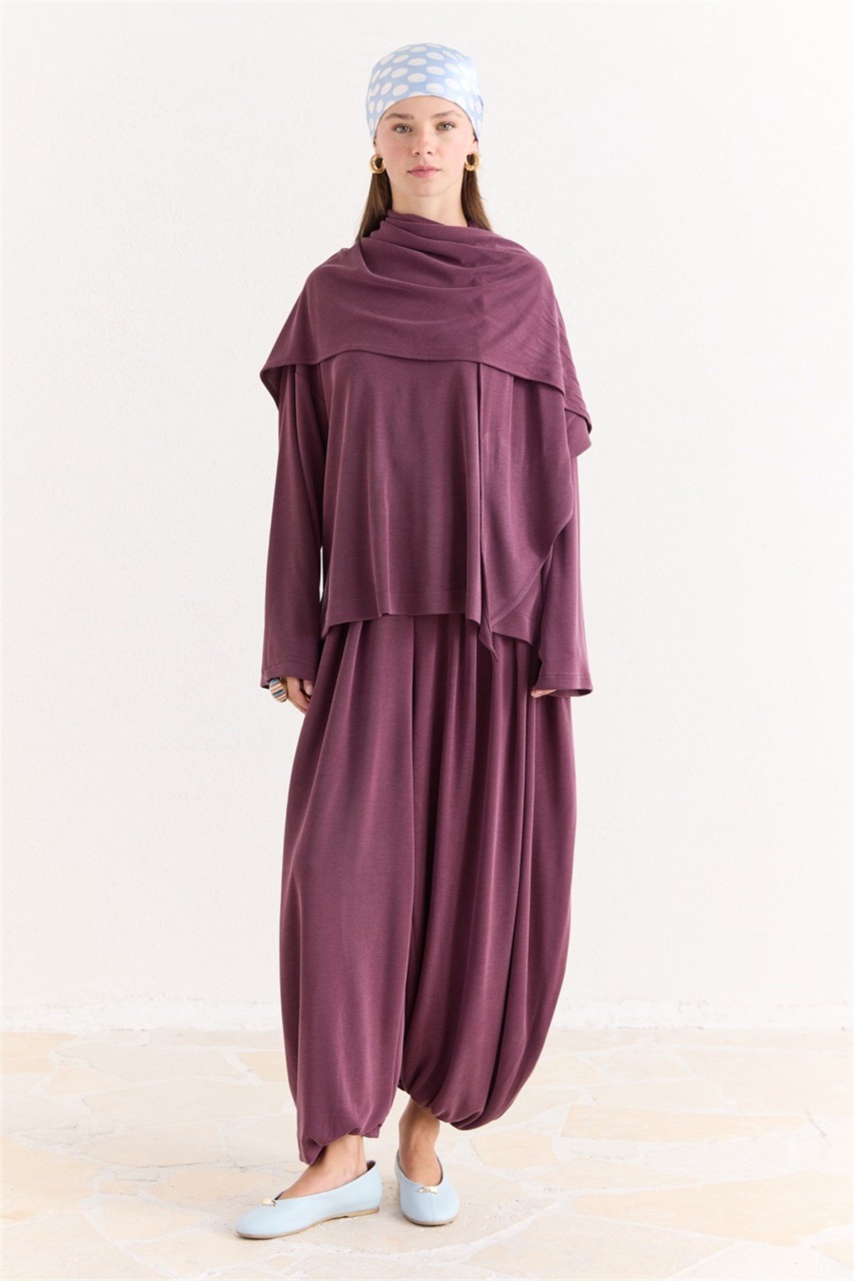 Şal Detaylı Pantolonlu Takım - Mürdüm