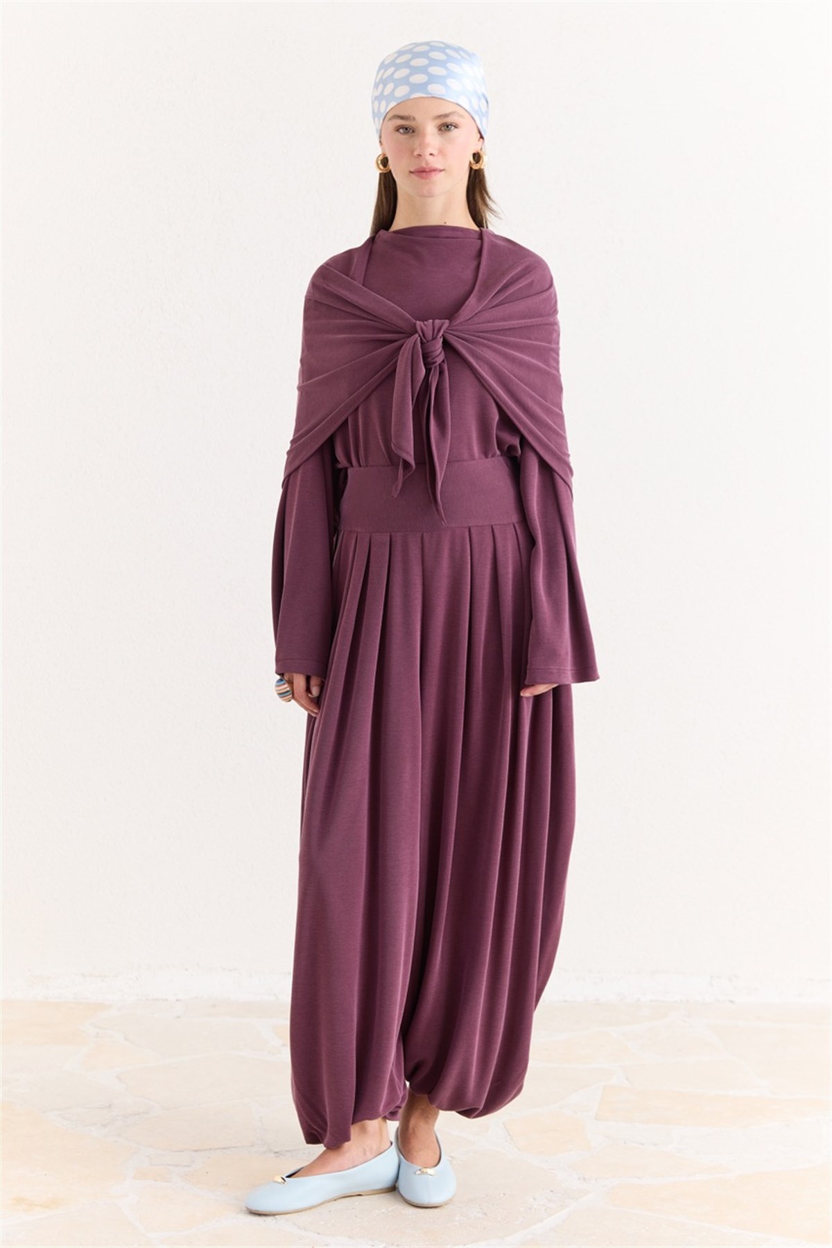 Şal Detaylı Pantolonlu Takım - Mürdüm