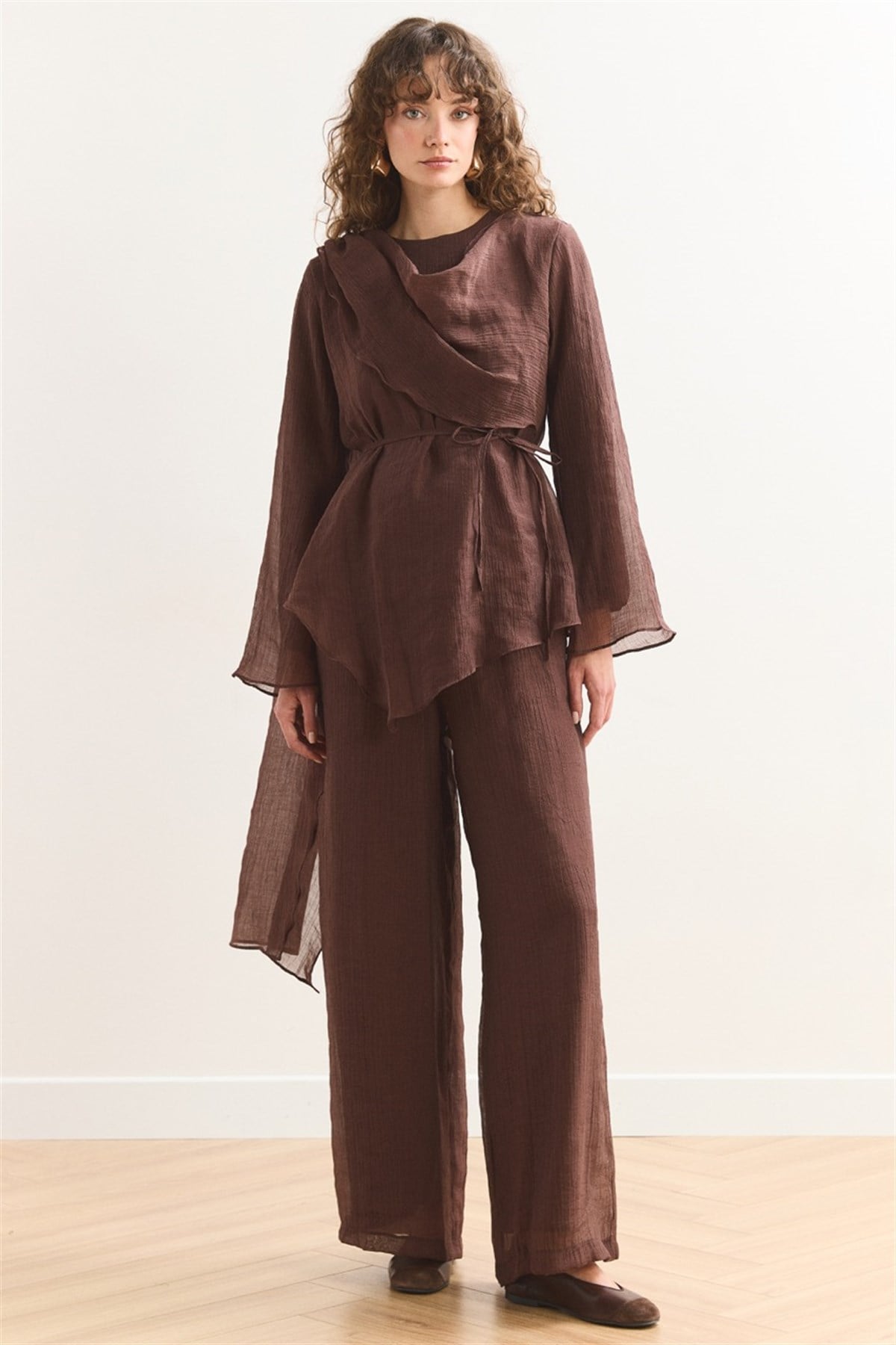 Şal Yaka Broşlu Takım - Kahve