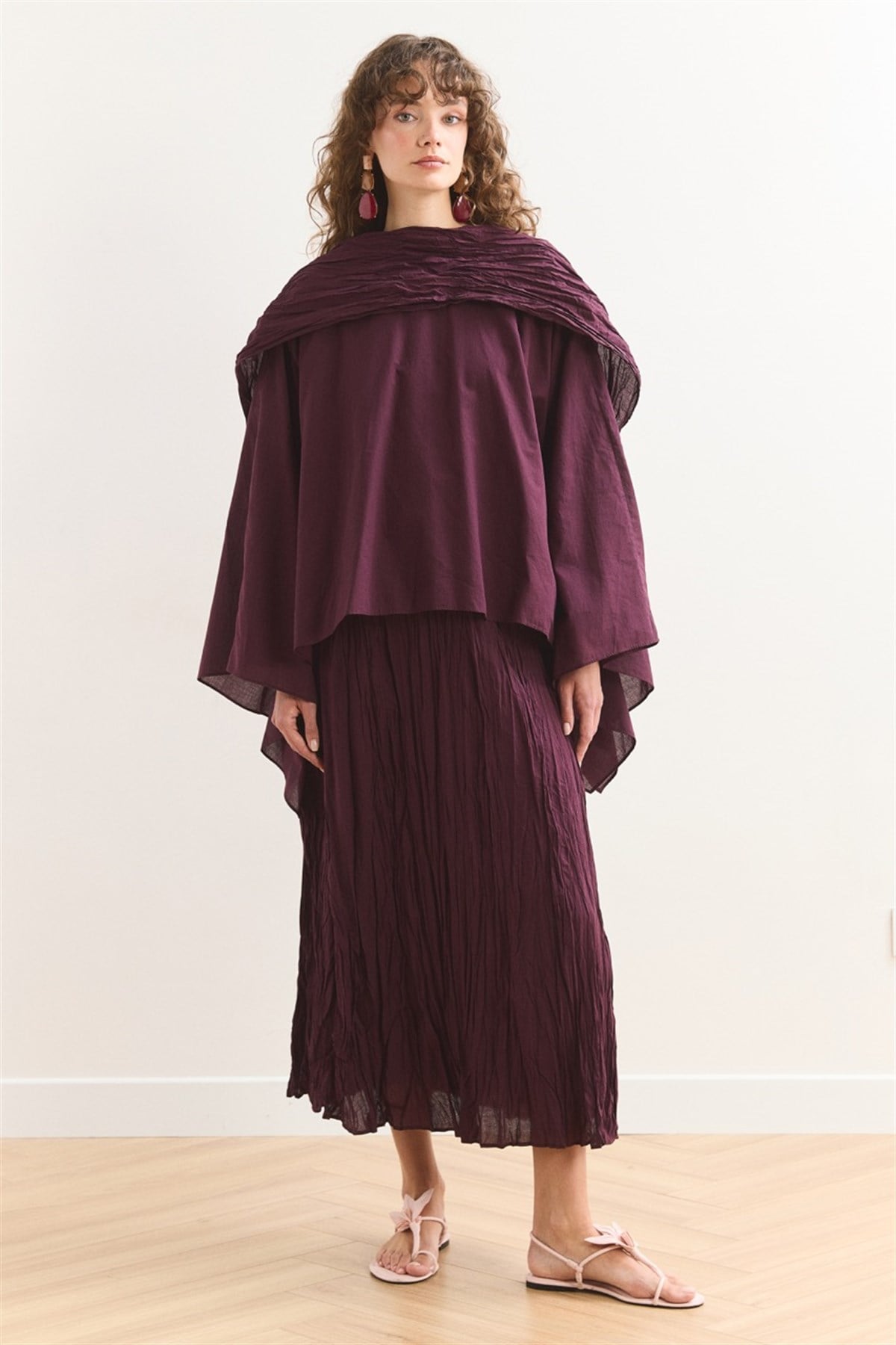 Şal Yaka Crash Etekli Vual Takım - Bordo