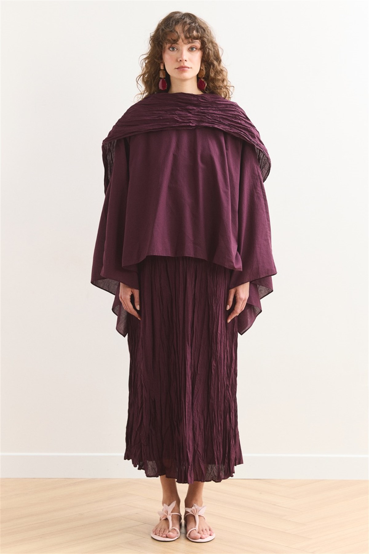 Şal Yaka Crash Etekli Vual Takım - Bordo