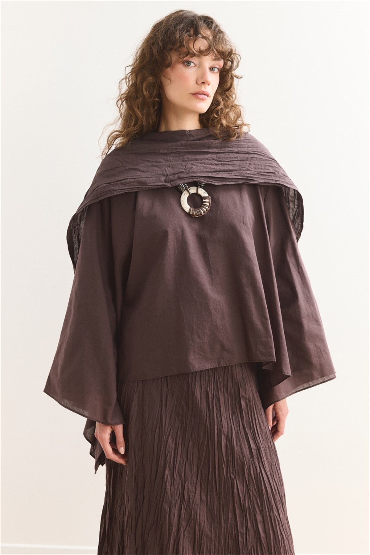 Şal Yaka Crash Etekli Vual Takım - Kahve