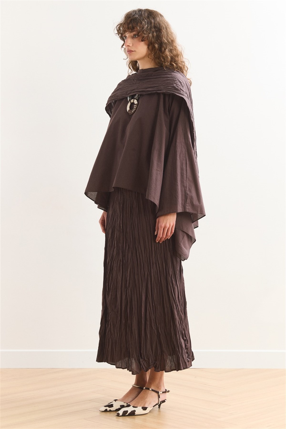 Şal Yaka Crash Etekli Vual Takım - Kahve