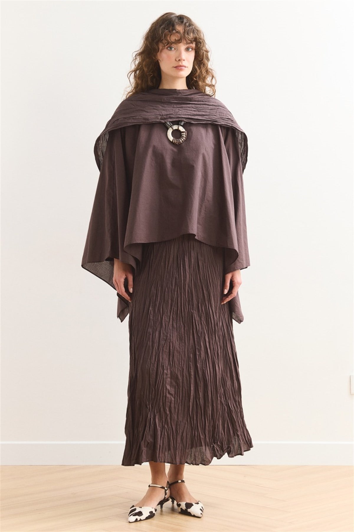 Şal Yaka Crash Etekli Vual Takım - Kahve