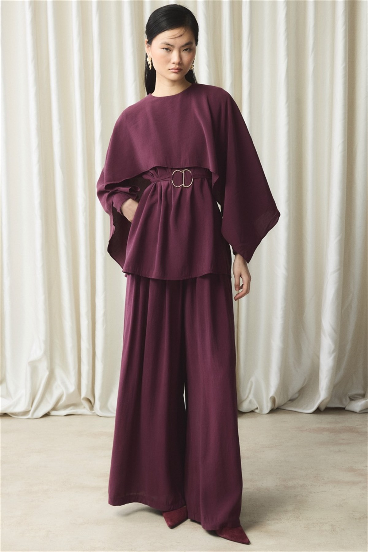 Şal Yaka Kemerli Takım - Mürdüm