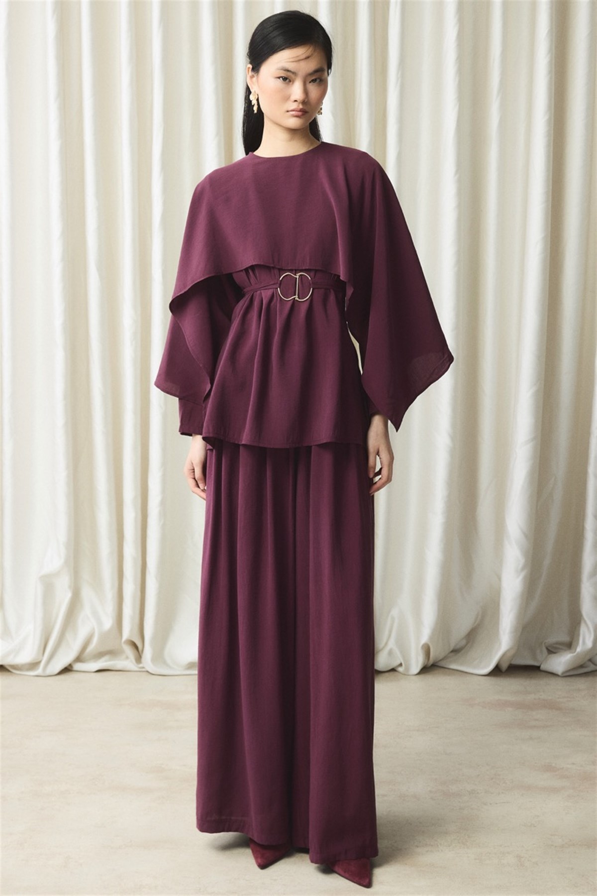 Şal Yaka Kemerli Takım - Mürdüm