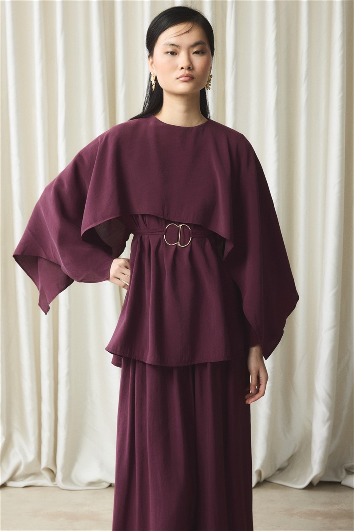 Şal Yaka Kemerli Takım - Mürdüm