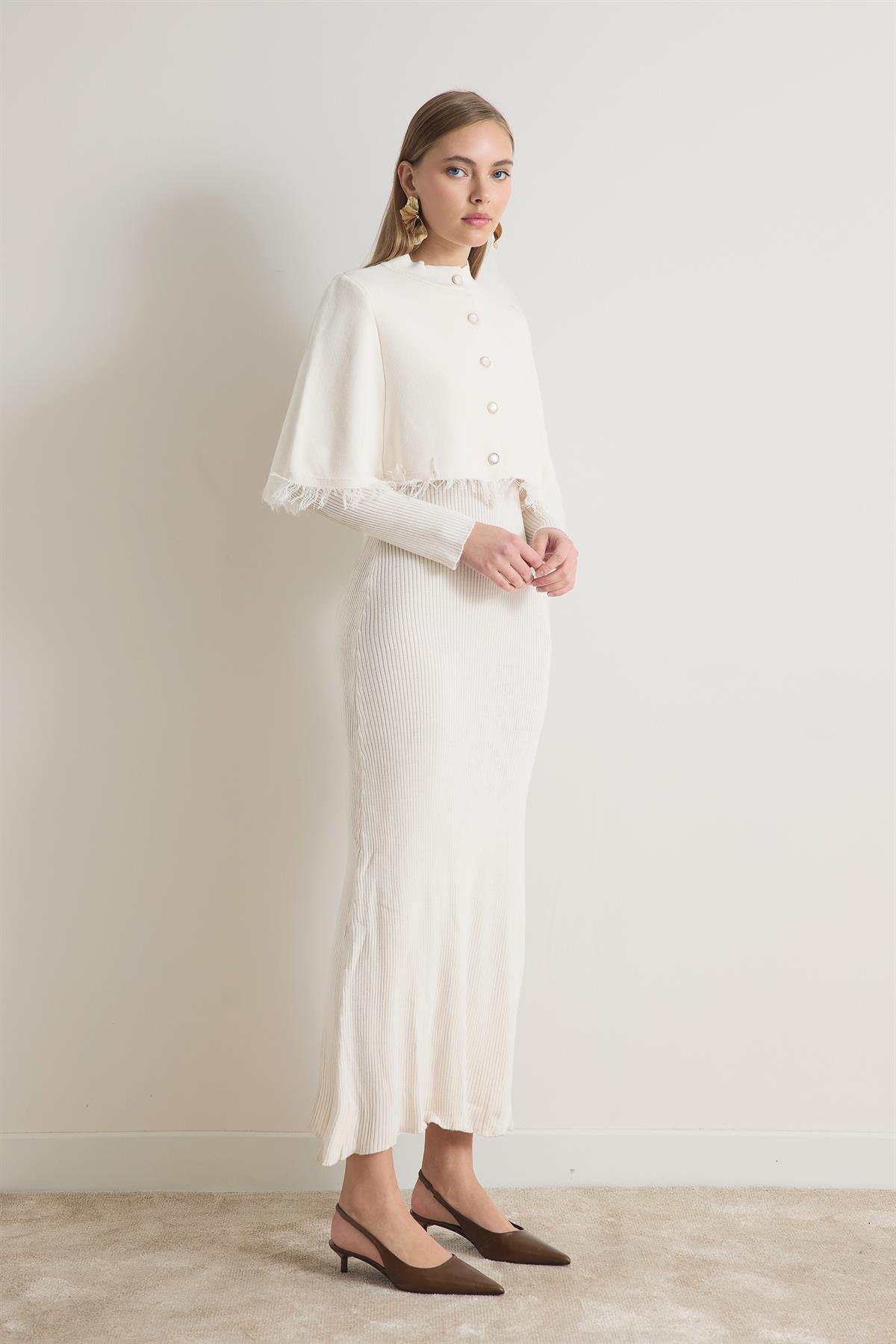 Samy Püskül Hırkalı Triko Elbise - Ekru