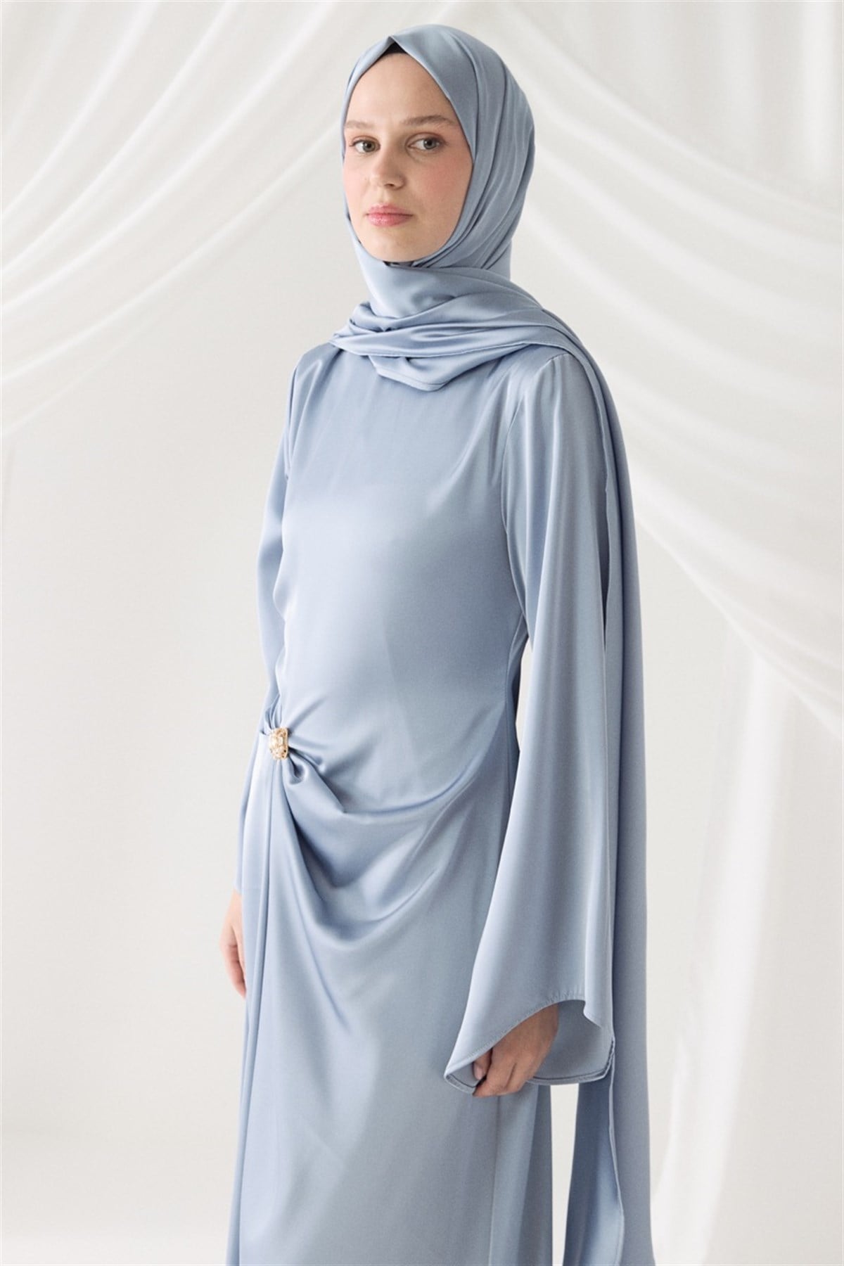 Saten Abiye Şal - Mavi