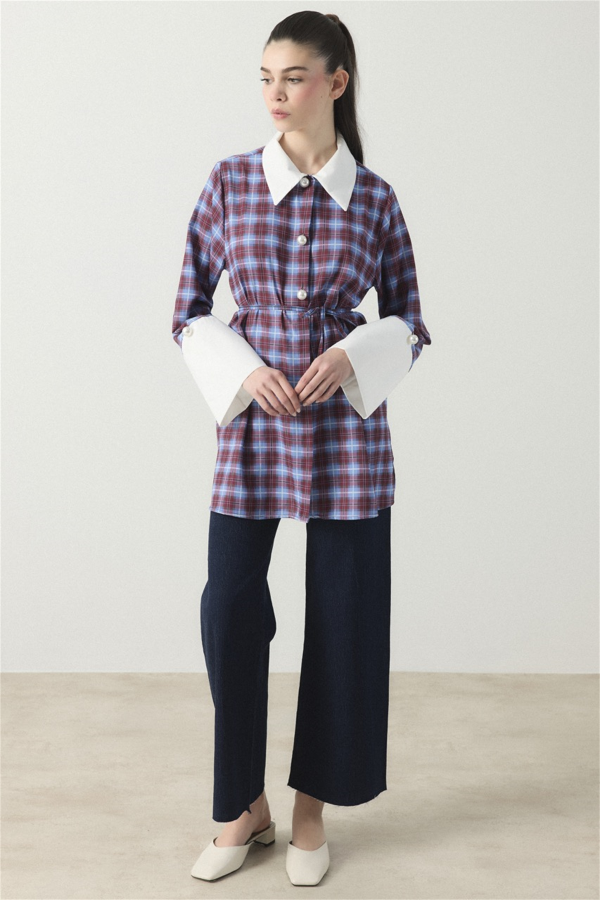 Selene Ekose Yaka Manşet Gömlek - Bordo