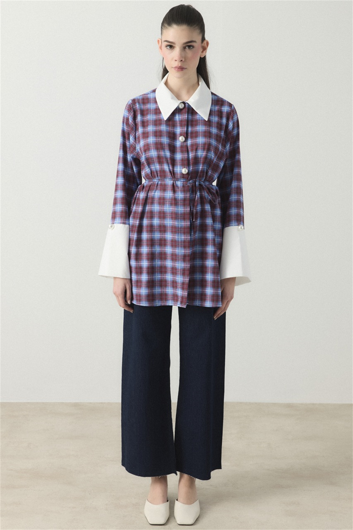 Selene Ekose Yaka Manşet Gömlek - Bordo