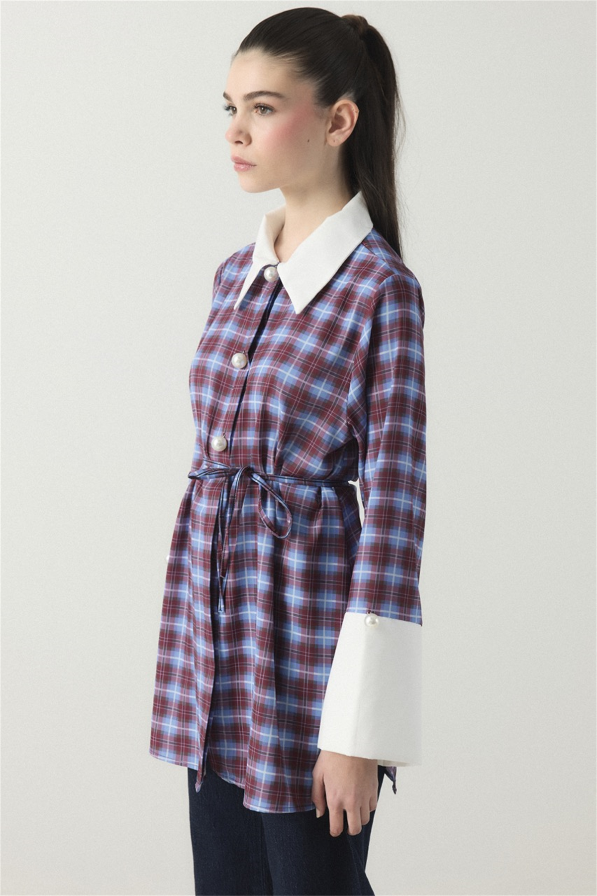 Selene Ekose Yaka Manşet Gömlek - Bordo