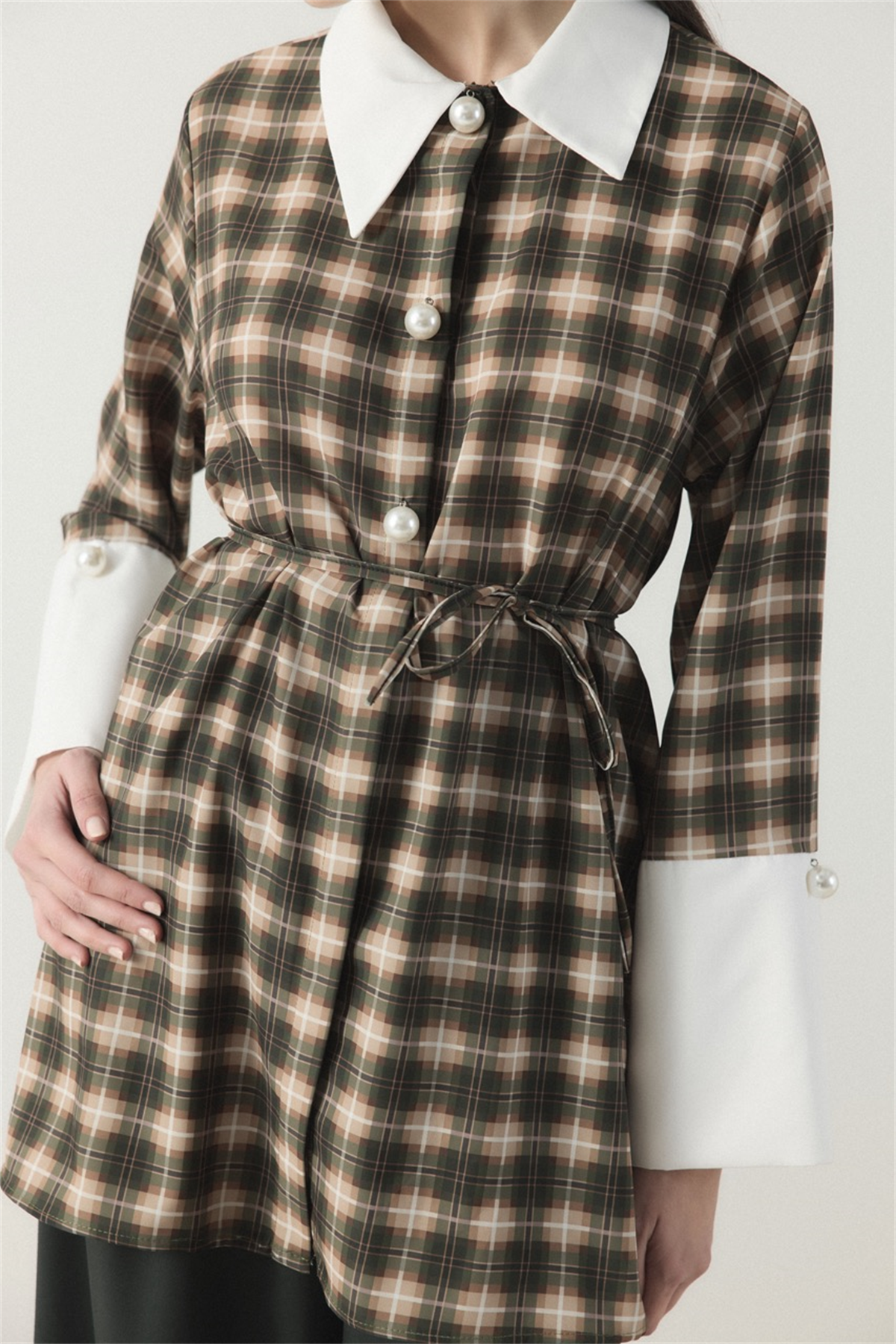 Selene Ekose Yaka Manşet Gömlek - Haki