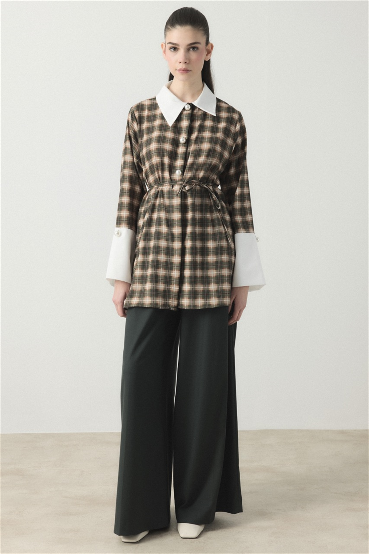 Selene Ekose Yaka Manşet Gömlek - Haki