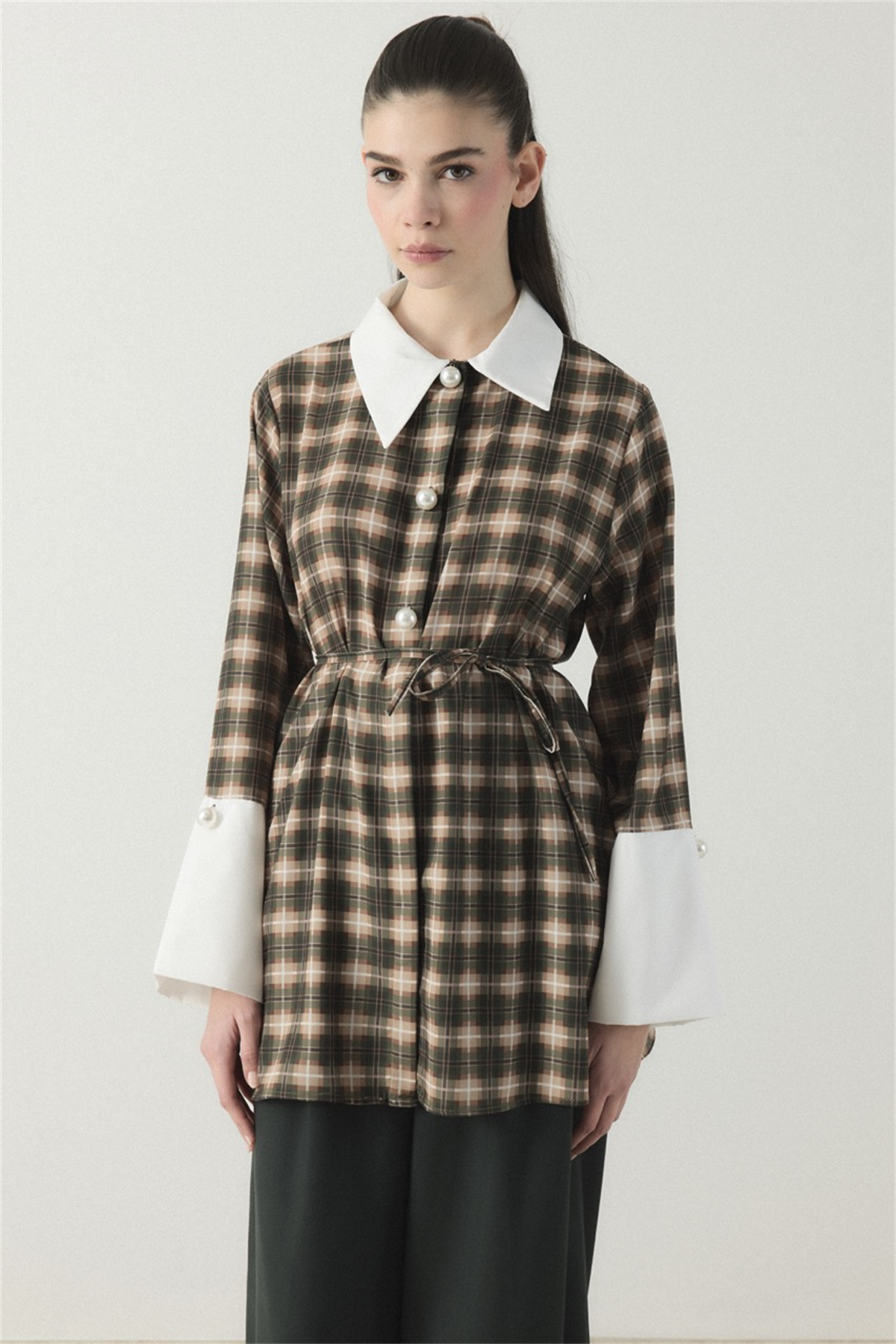 Selene Ekose Yaka Manşet Gömlek - Haki