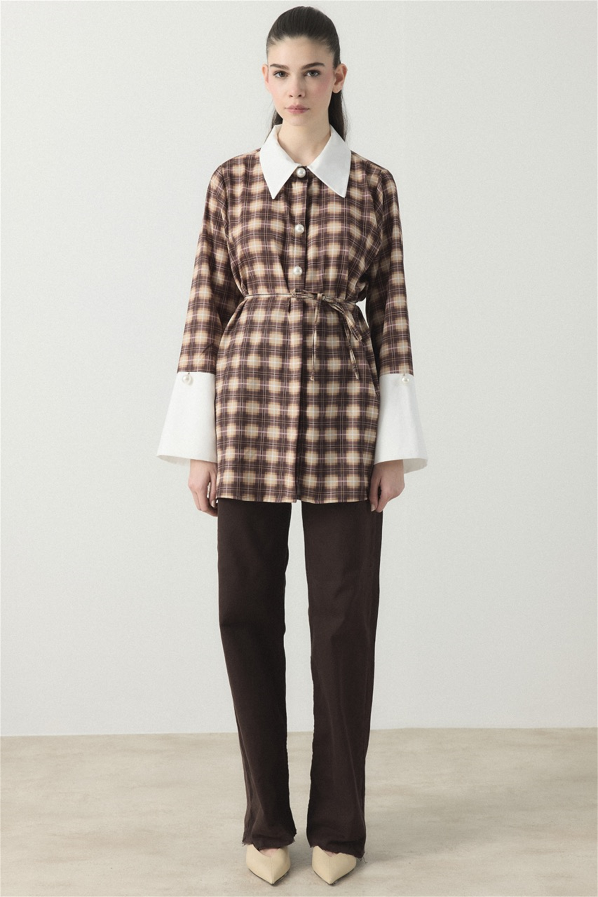 Selene Ekose Yaka Manşet Gömlek - Kahverengi