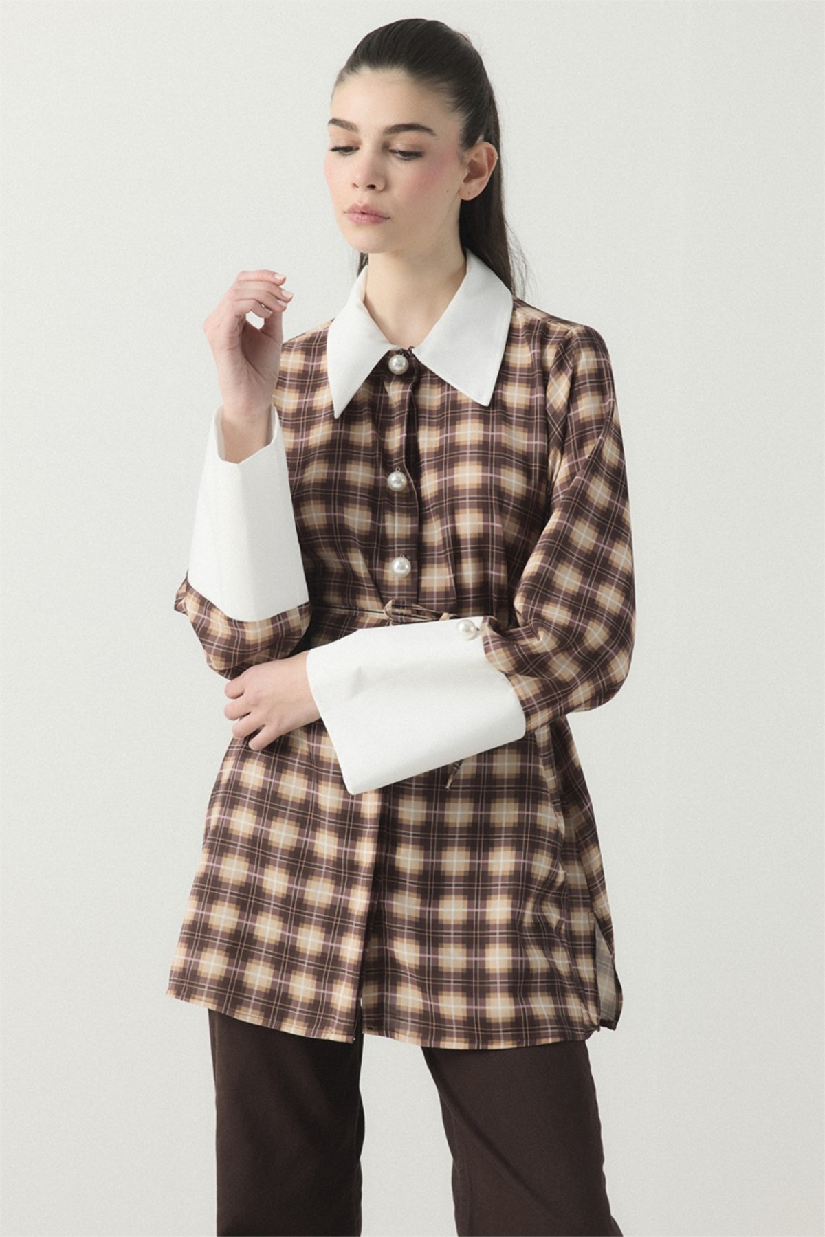 Selene Ekose Yaka Manşet Gömlek - Kahverengi