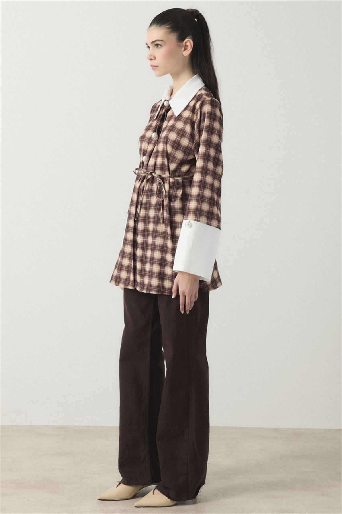 Selene Ekose Yaka Manşet Gömlek - Kahverengi