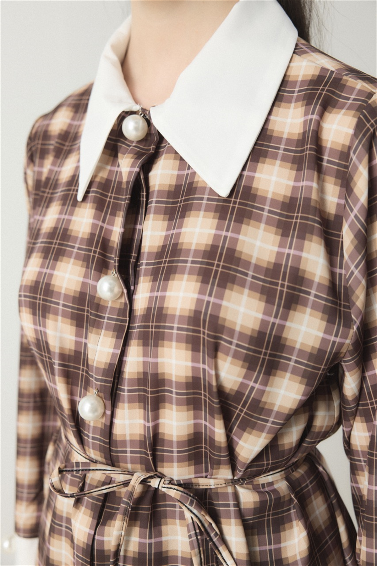 Selene Ekose Yaka Manşet Gömlek - Kahverengi