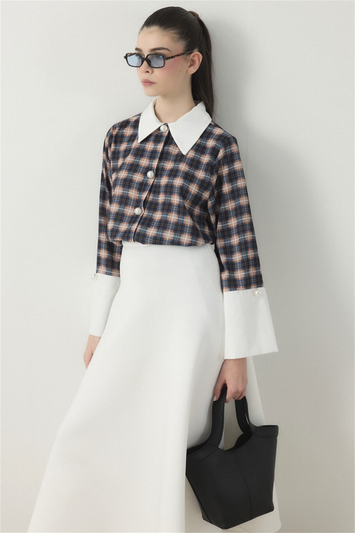 Selene Ekose Yaka Manşet Gömlek - Lacivert