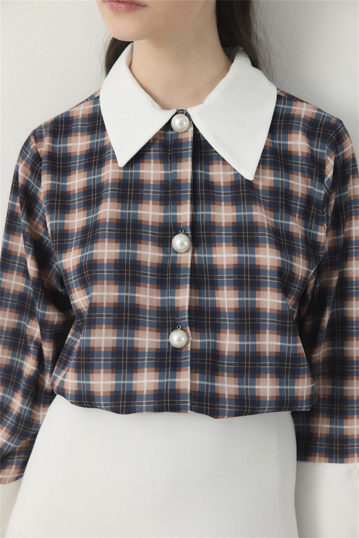 Selene Ekose Yaka Manşet Gömlek - Lacivert