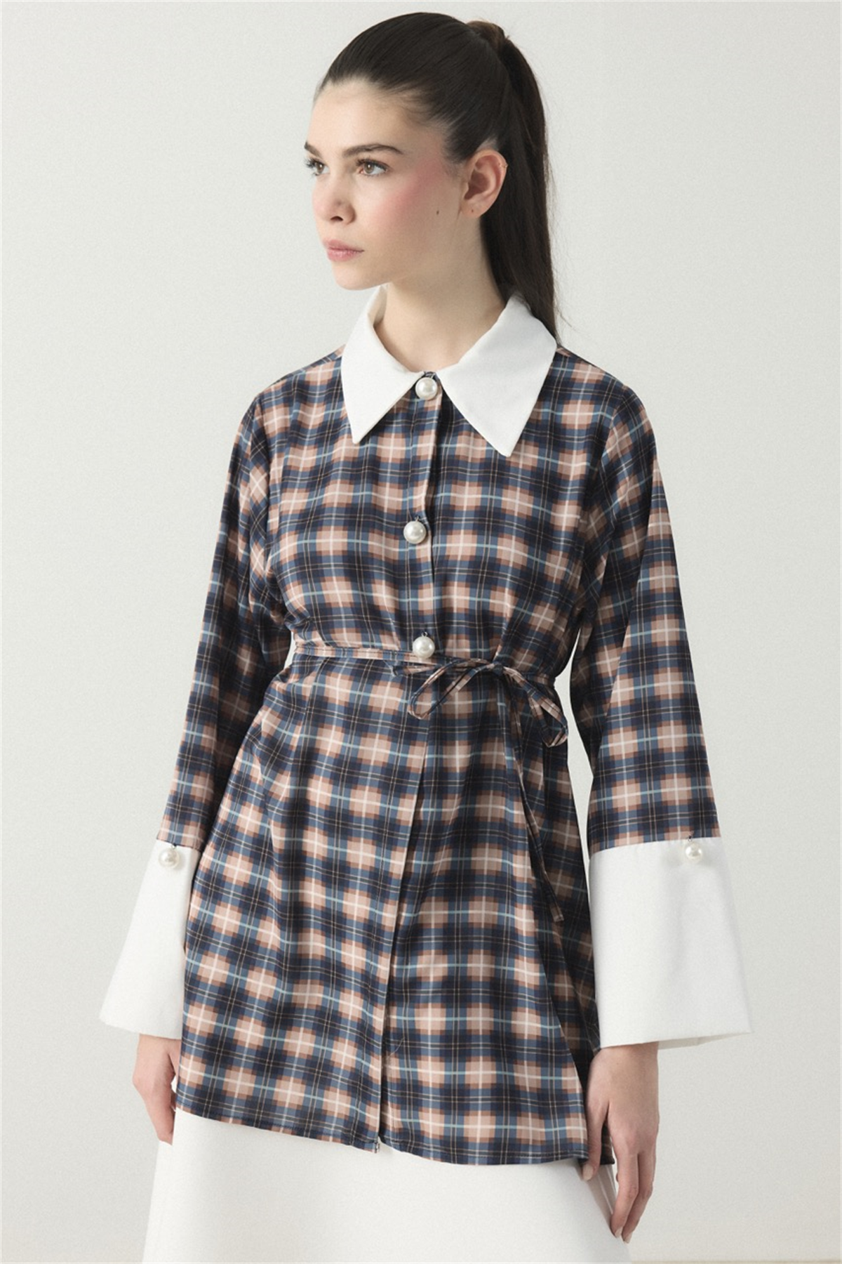 Selene Ekose Yaka Manşet Gömlek - Lacivert