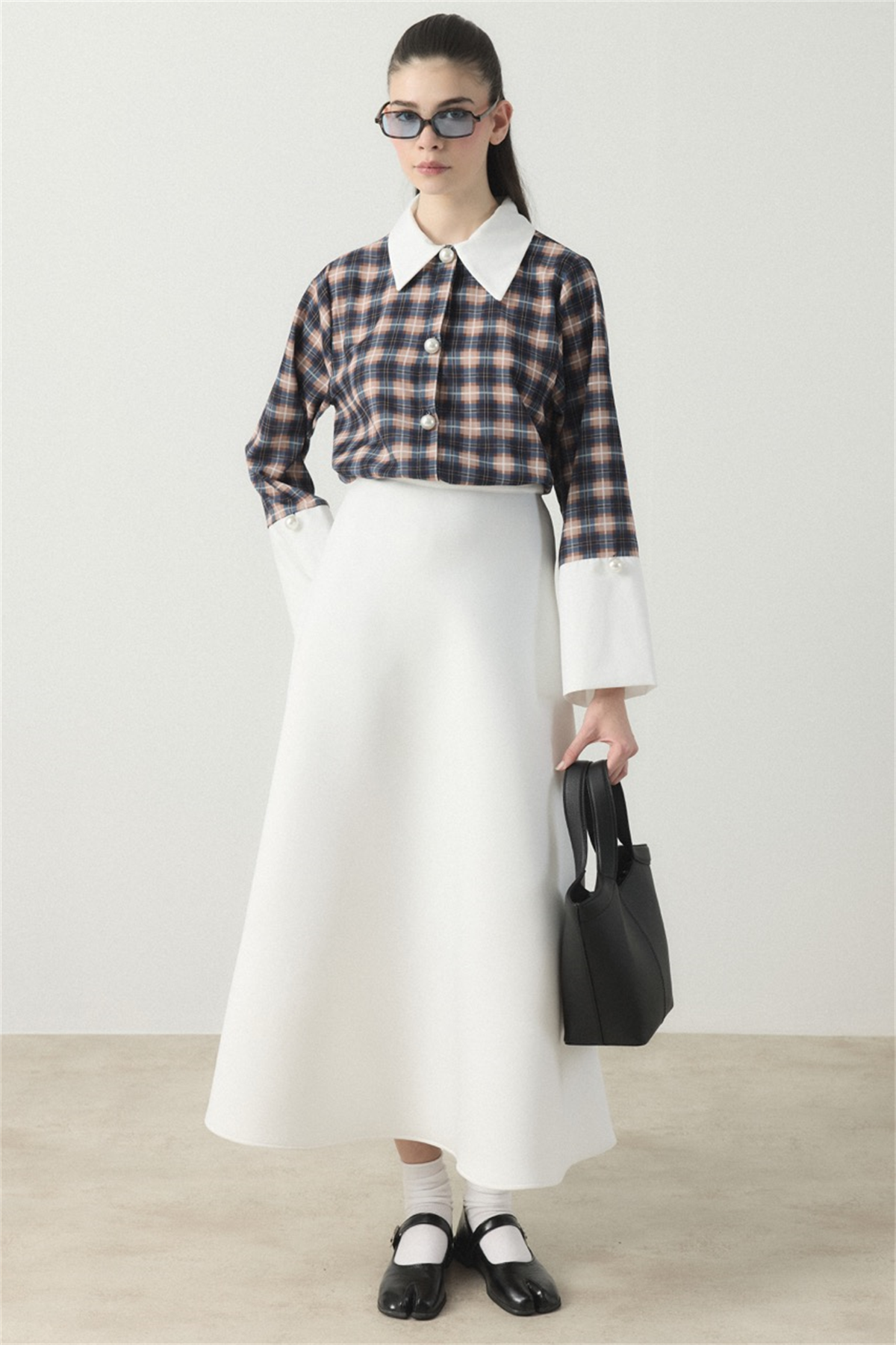 Selene Ekose Yaka Manşet Gömlek - Lacivert