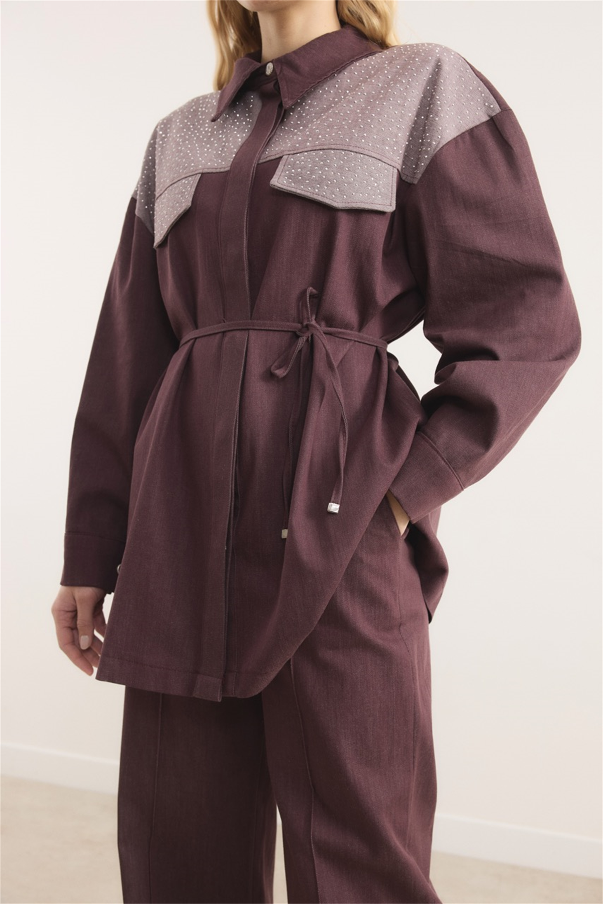 Sendy Ters Robalı Taşlı Kot Takım - Bordo
