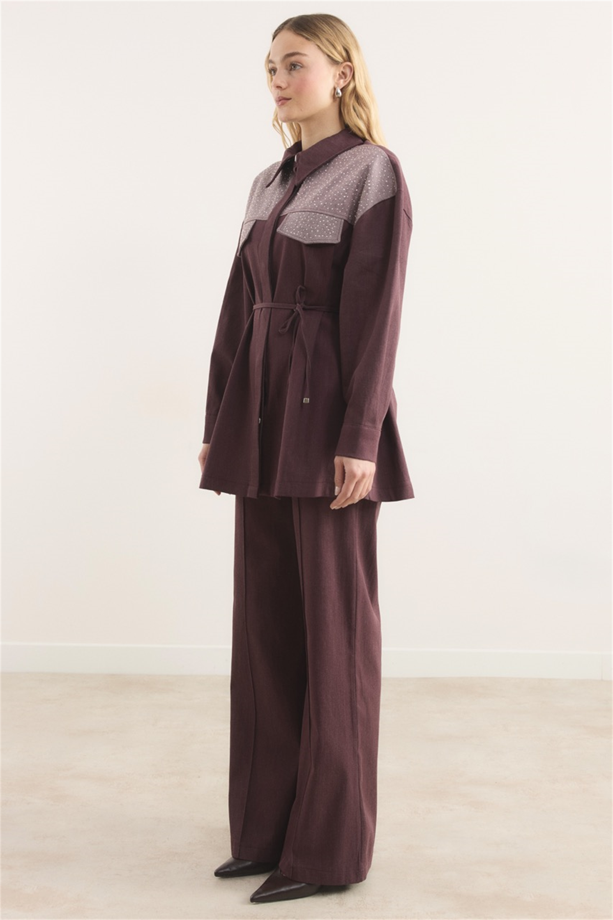 Sendy Ters Robalı Taşlı Kot Takım - Bordo