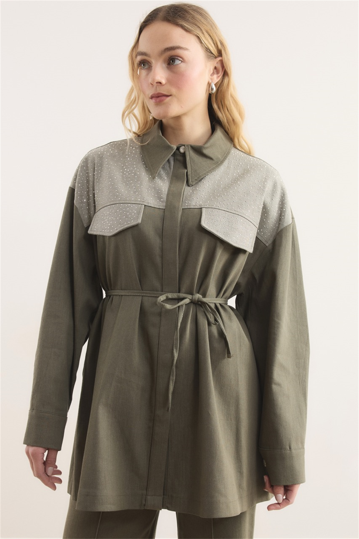 Sendy Ters Robalı Taşlı Kot Takım - Haki