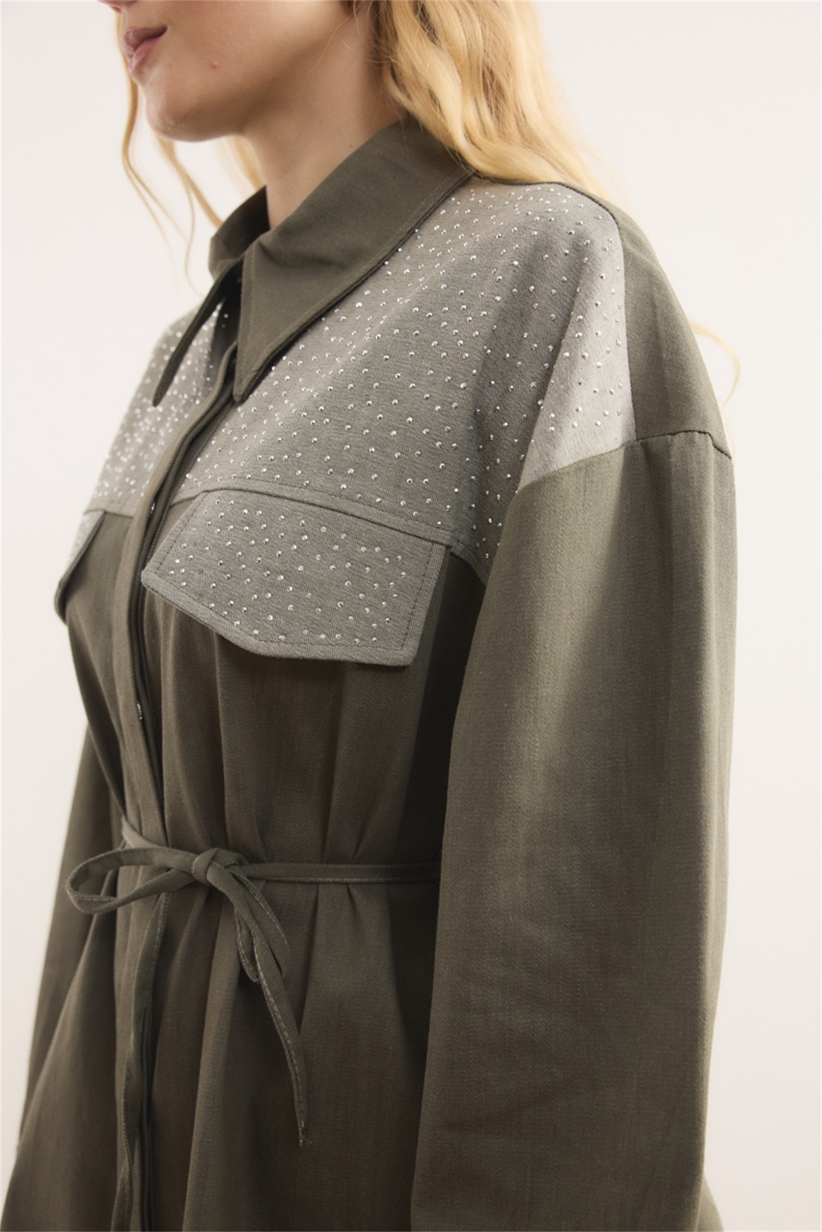 Sendy Ters Robalı Taşlı Kot Takım - Haki