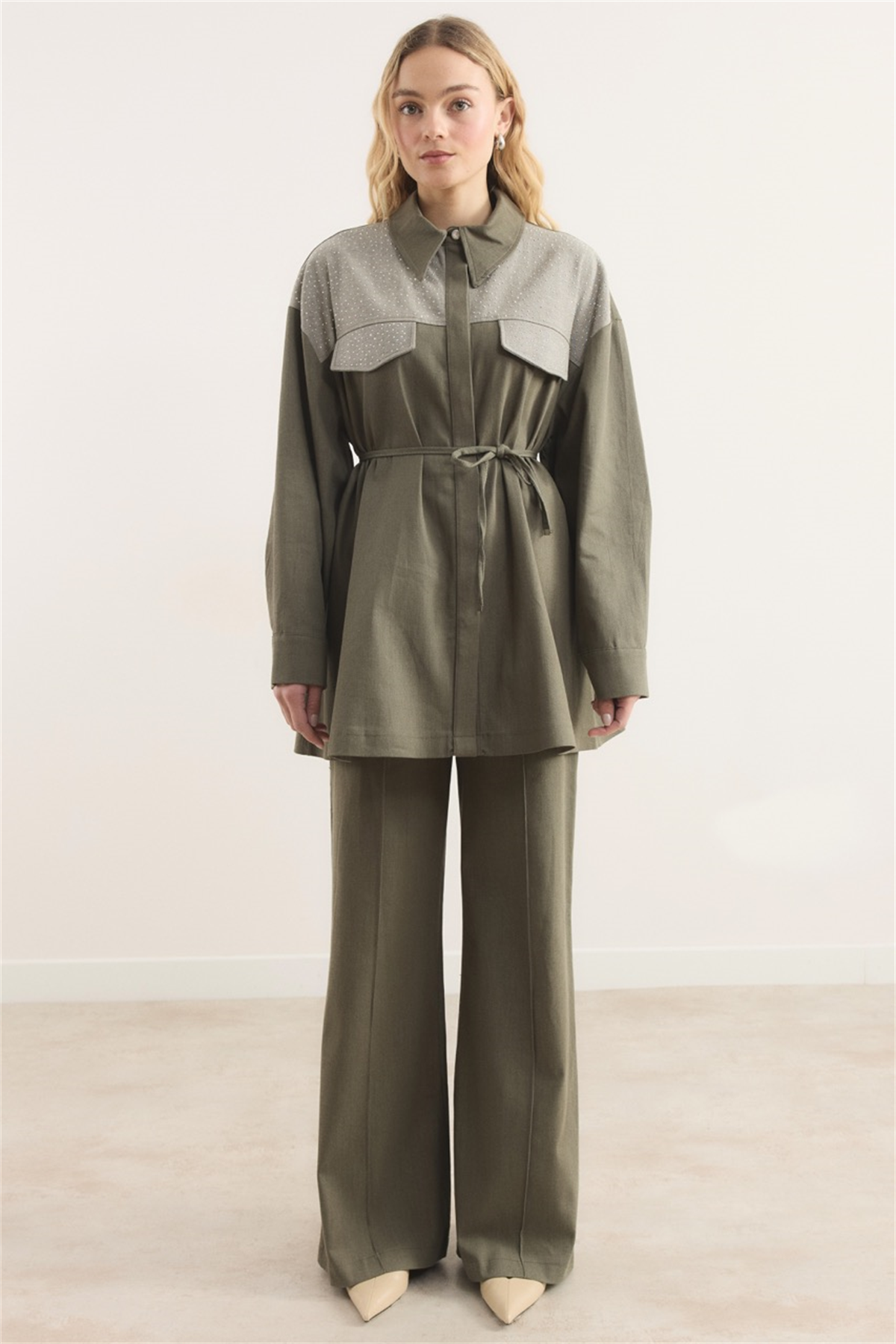 Sendy Ters Robalı Taşlı Kot Takım - Haki