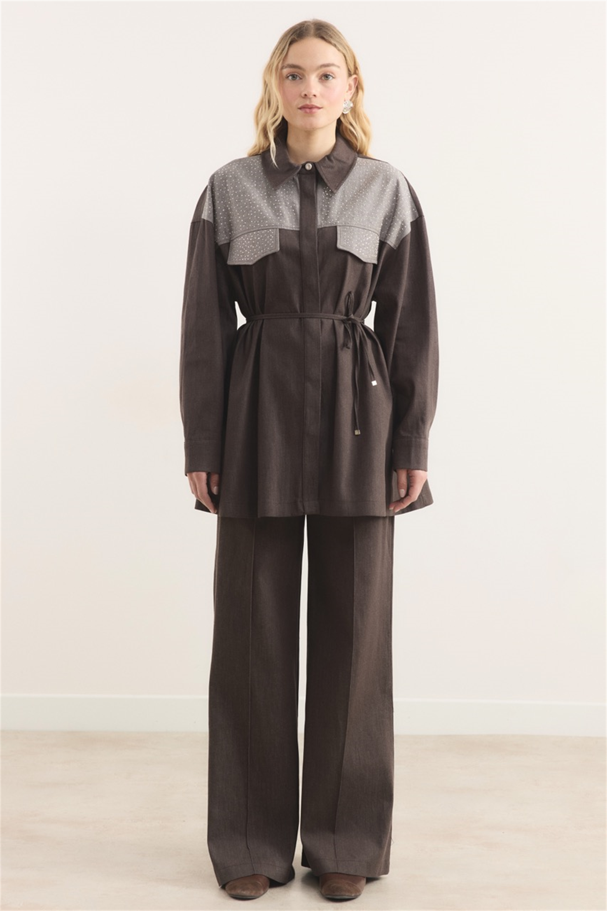 Sendy Ters Robalı Taşlı Kot Takım - Kahve