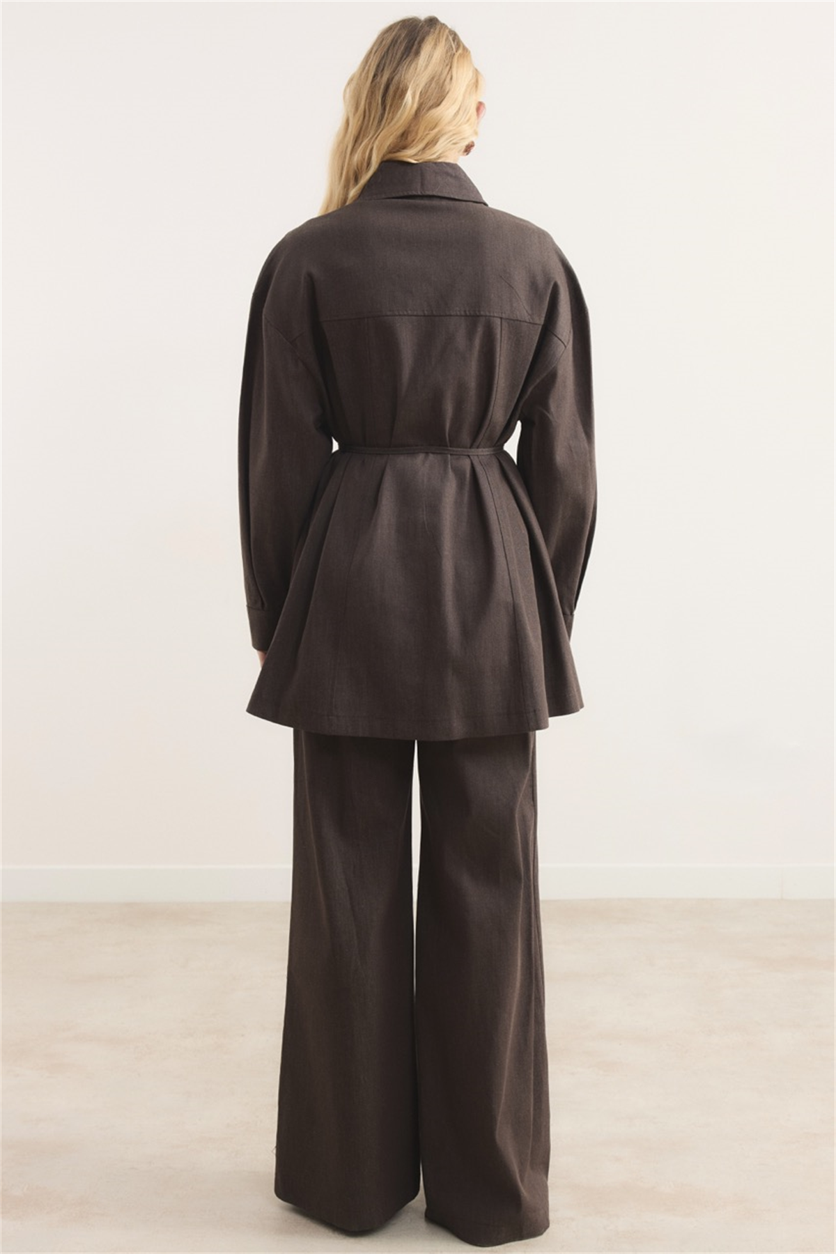 Sendy Ters Robalı Taşlı Kot Takım - Kahve