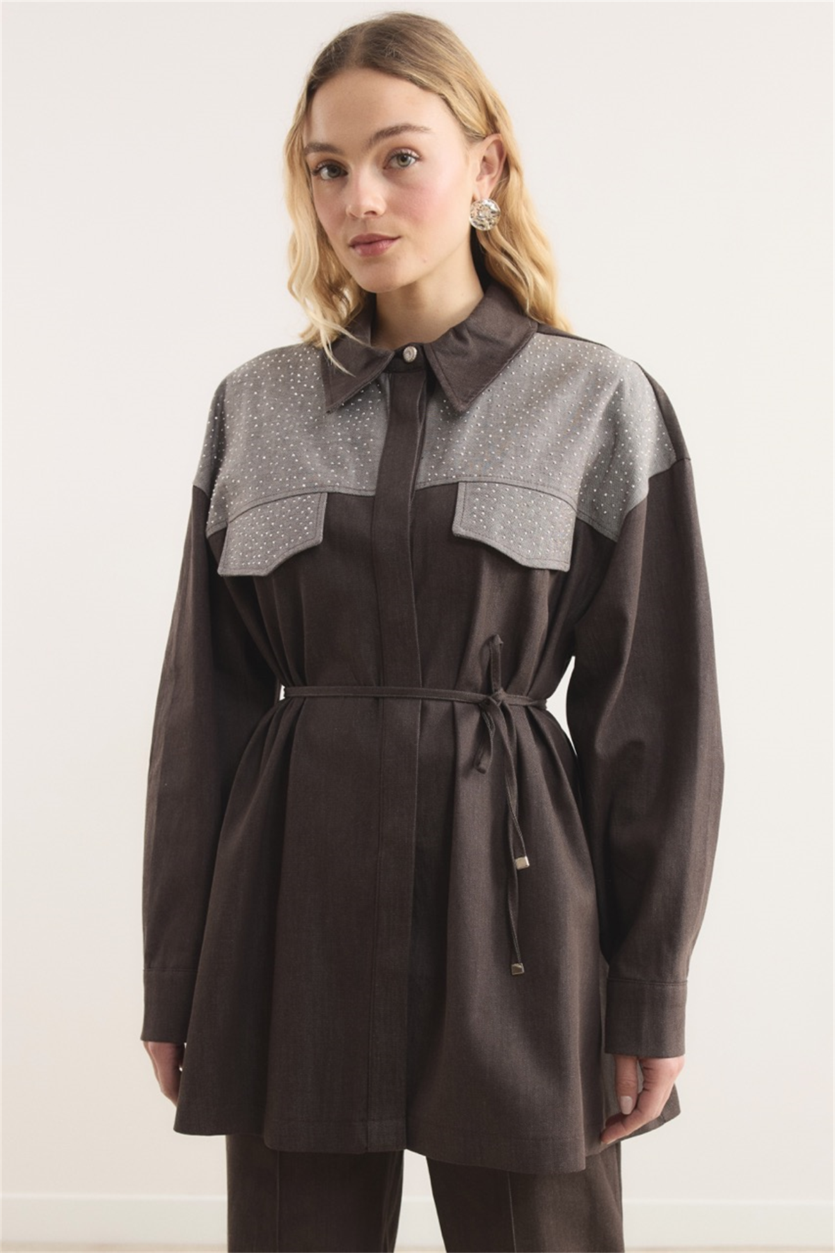 Sendy Ters Robalı Taşlı Kot Takım - Kahve