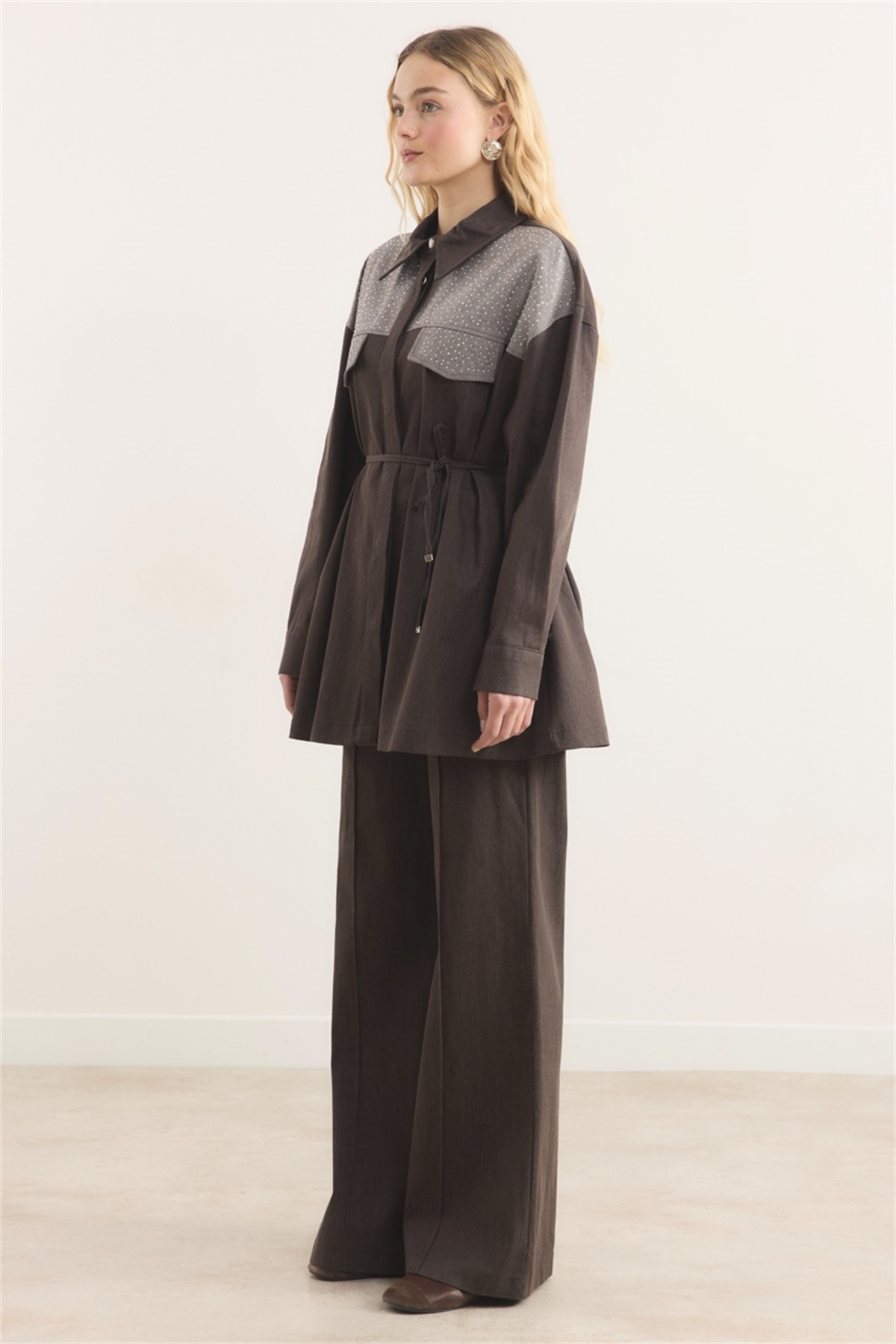 Sendy Ters Robalı Taşlı Kot Takım - Kahve