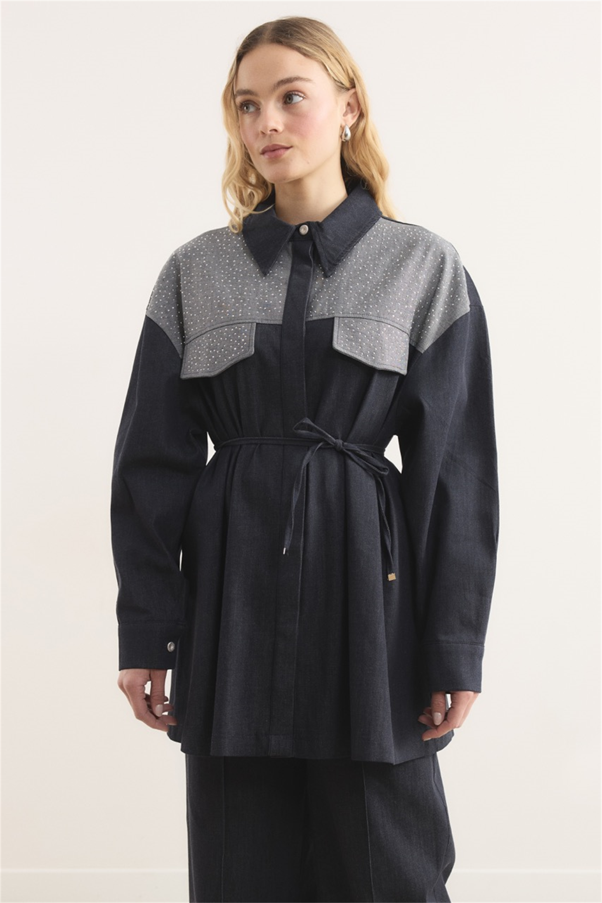 Sendy Ters Robalı Taşlı Kot Takım - Lacivert