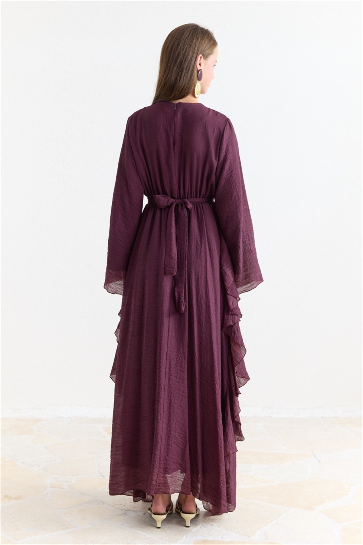 Senna Belden Volanlı Elbise - Bordo