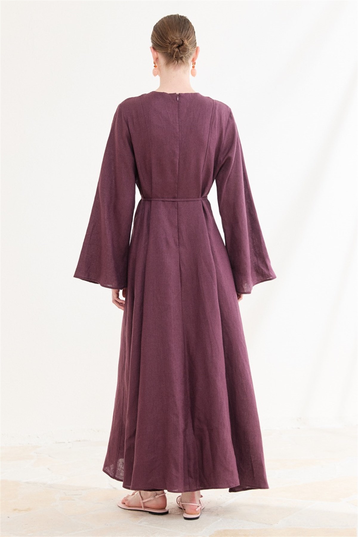 Siena Kloş Keten Elbise - Mürdüm