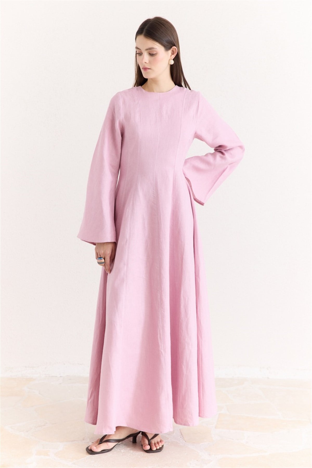 Siena Kloş Keten Elbise - Pembe