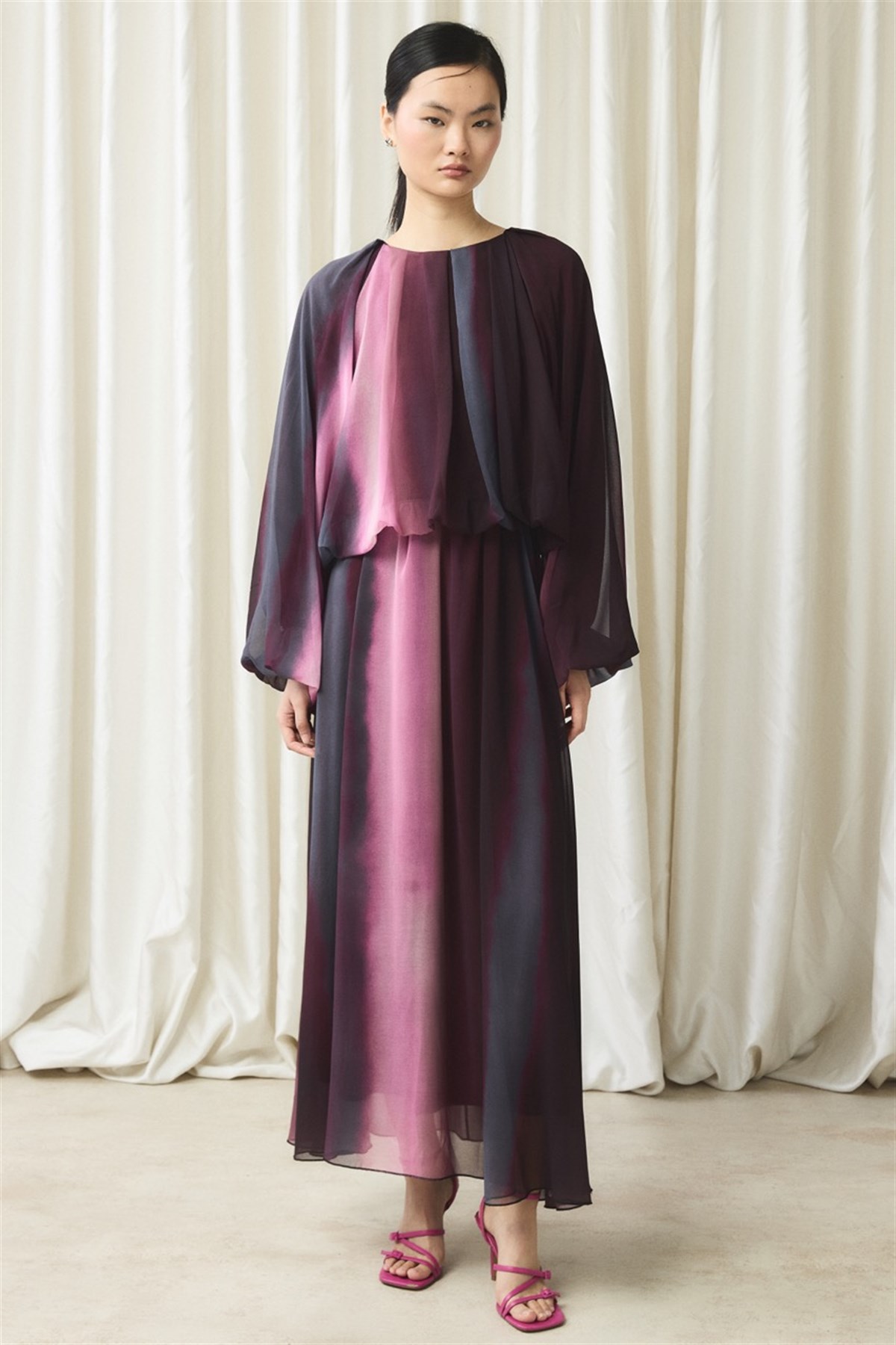 Şifon Baskılı Etek Takım - Bordo