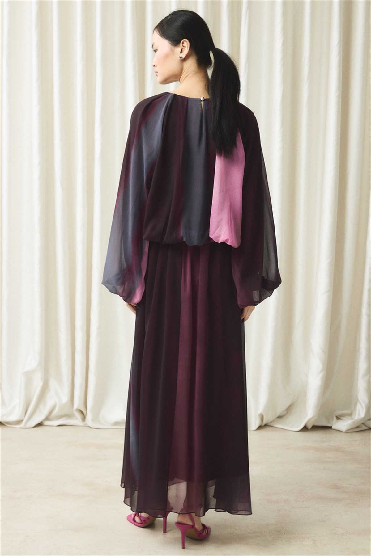 Şifon Baskılı Etek Takım - Bordo