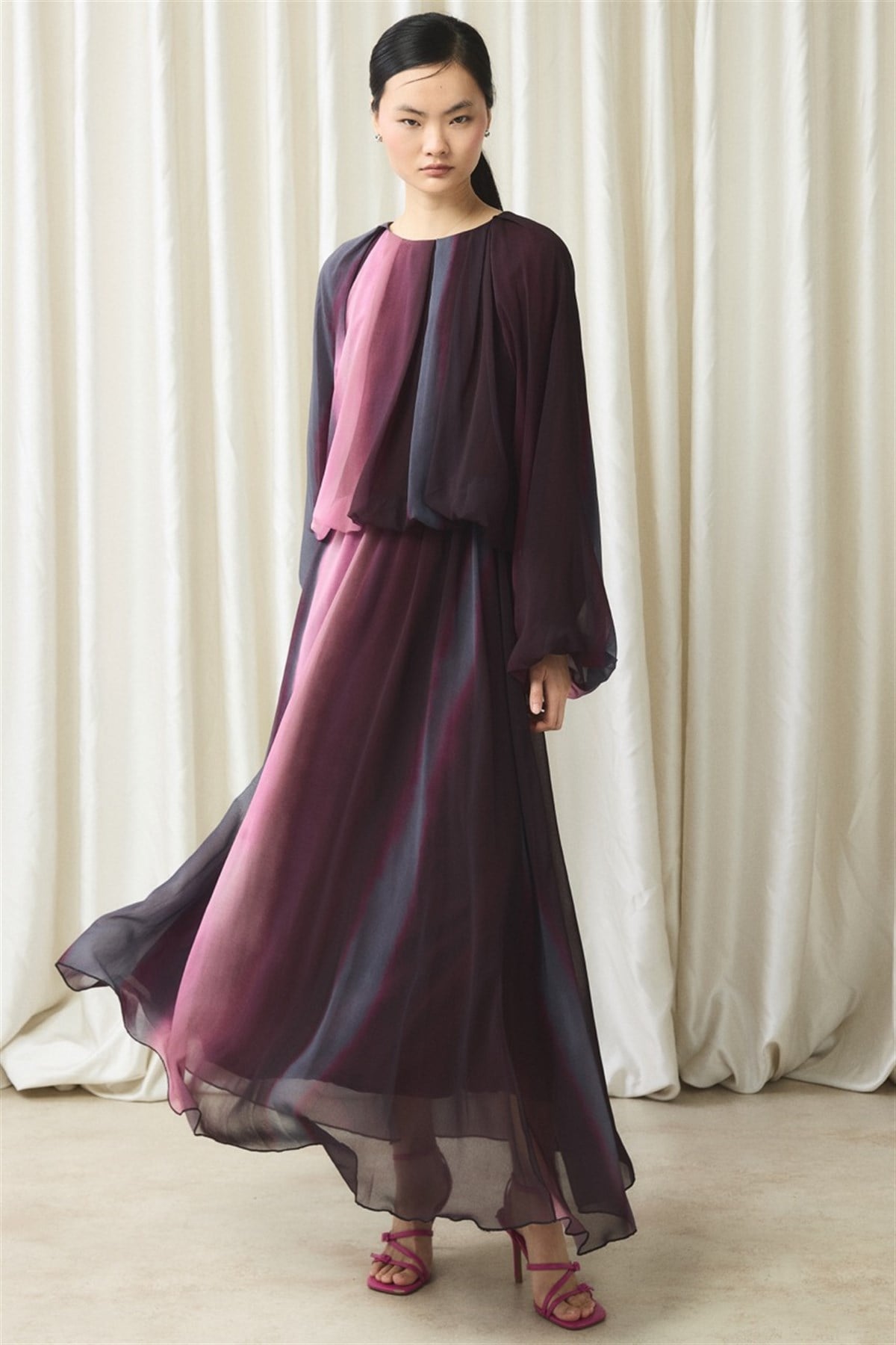 Şifon Baskılı Etek Takım - Bordo